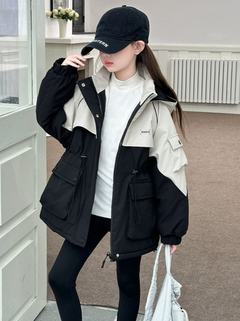 Jachetă de iarnă pentru fete, cu glugă, guler rever, lungime medie, fermoar, gros cu căptușeală din lână (Iarna 2025)