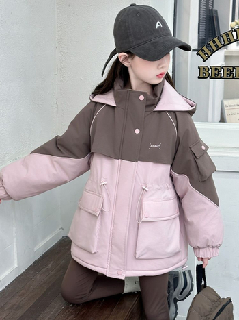 Jachetă de iarnă pentru fete, cu glugă, guler rever, lungime medie, fermoar, gros cu căptușeală din lână (Iarna 2025)