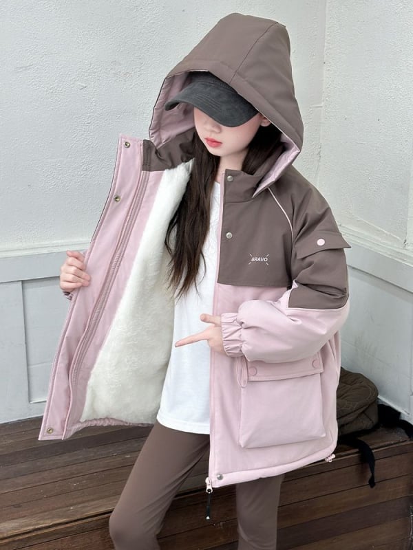 Jachetă de iarnă pentru fete, cu glugă, guler rever, lungime medie, fermoar, gros cu căptușeală din lână (Iarna 2025)