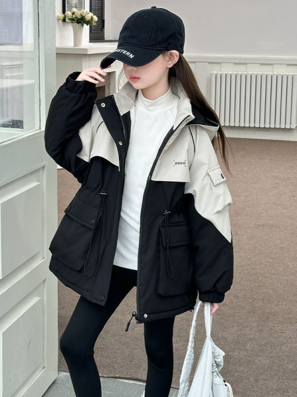 Jachetă de iarnă pentru fete, cu glugă, guler rever, lungime medie, fermoar, gros cu căptușeală din lână (Iarna 2025)