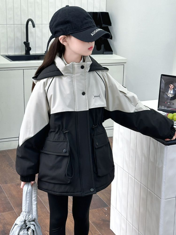 Jachetă de iarnă pentru fete, cu glugă, guler rever, lungime medie, fermoar, gros cu căptușeală din lână (Iarna 2025)