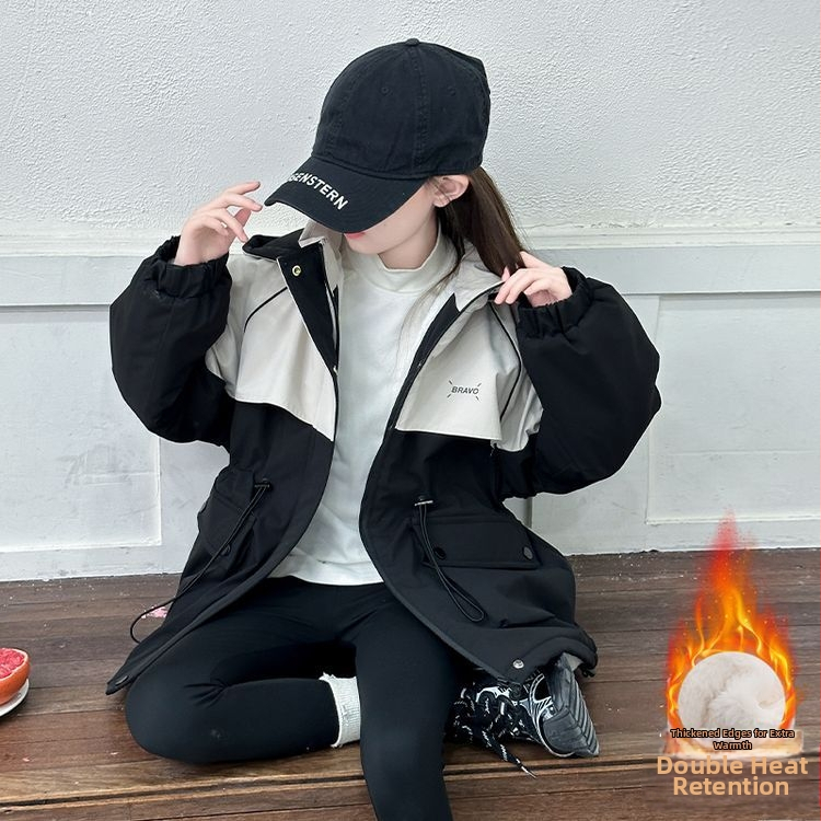 Jachetă de iarnă pentru fete, cu glugă, guler rever, lungime medie, fermoar, gros cu căptușeală din lână (Iarna 2025)