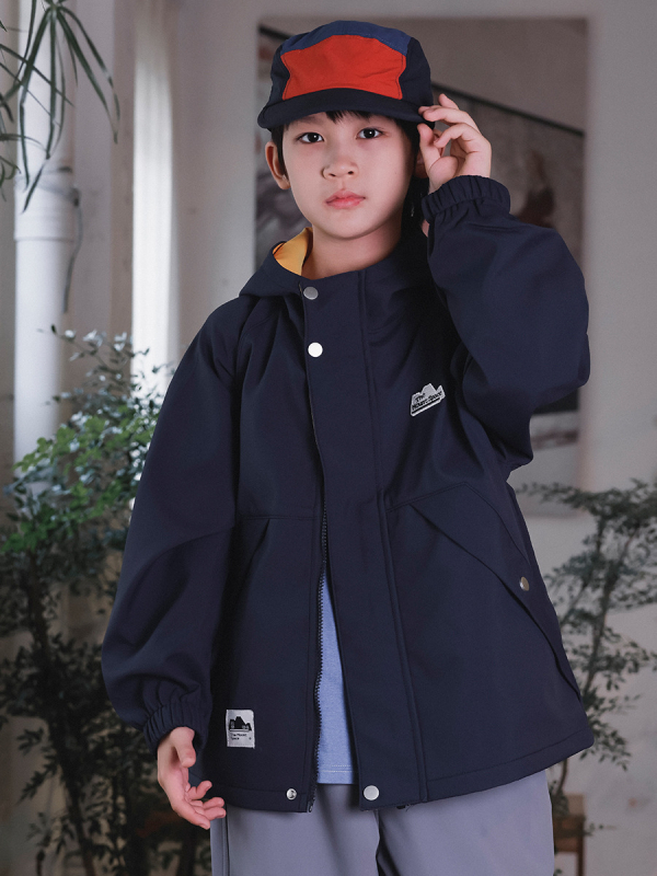Geacă cu glugă pentru copii - băieți, toamna 2025, căptușeală fleece, exterior nylon, guler înalt, fermoar