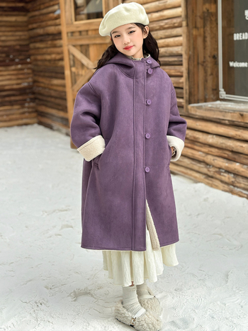 Palton de iarnă pentru fetițe, cu glugă, lungime medie, închidere frontală cu un singur rând, țesătură exterioară acetat, căptușeală poliester