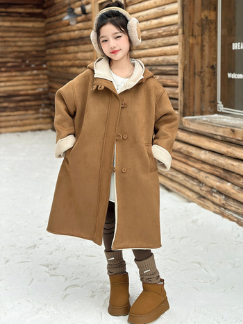 Palton de iarnă pentru fetițe, cu glugă, lungime medie, închidere frontală cu un singur rând, țesătură exterioară acetat, căptușeală poliester