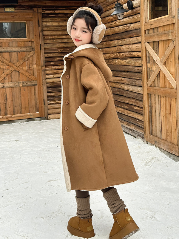 Palton de iarnă pentru fetițe, cu glugă, lungime medie, închidere frontală cu un singur rând, țesătură exterioară acetat, căptușeală poliester