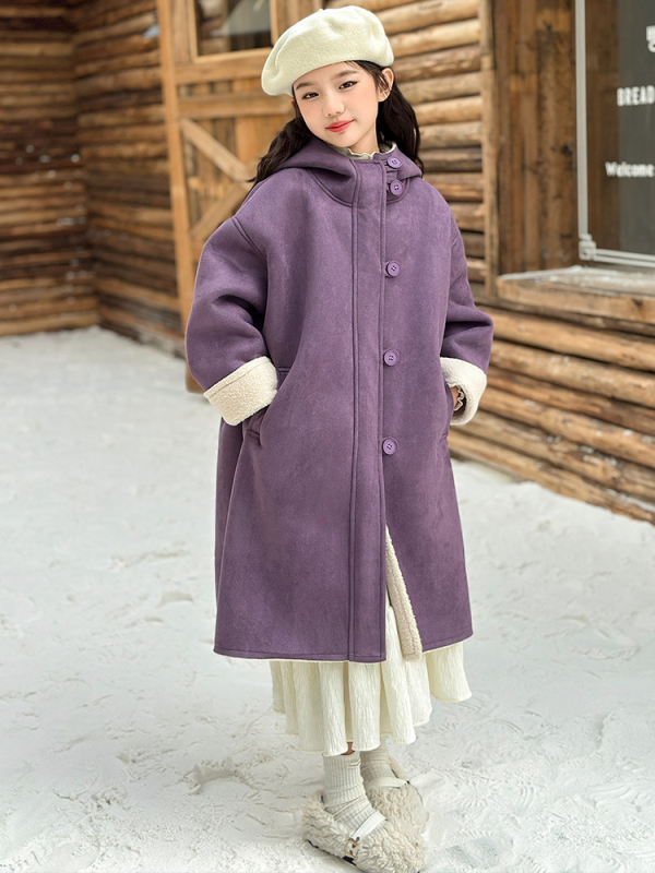 Palton de iarnă pentru fetițe, cu glugă, lungime medie, închidere frontală cu un singur rând, țesătură exterioară acetat, căptușeală poliester