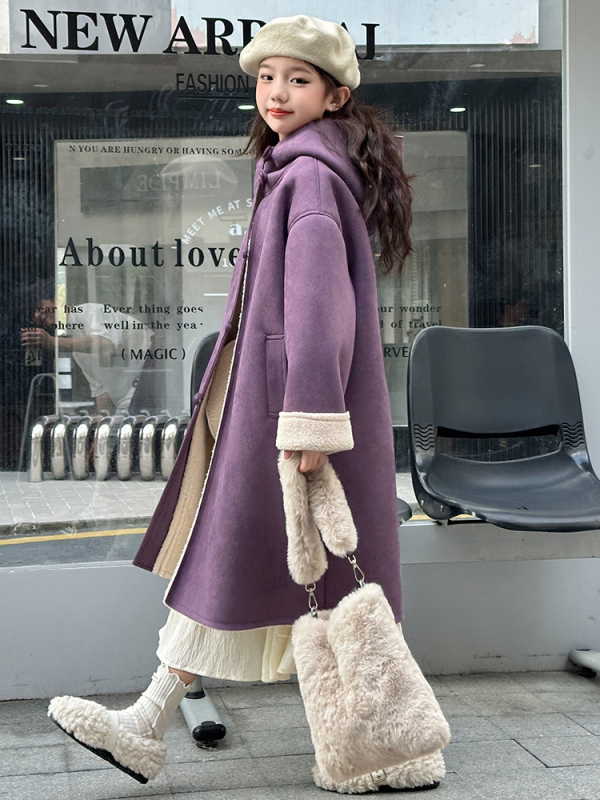 Palton de iarnă pentru fetițe, cu glugă, lungime medie, închidere frontală cu un singur rând, țesătură exterioară acetat, căptușeală poliester