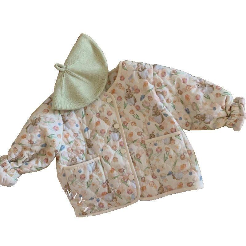 Palton pentru fete, căptușit cu fleece, în carouri, cu guler în V