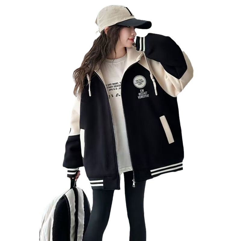 Geacă bomber cu glugă pentru fetițe, căptușită groasă, guler înalt, mâneci lungi, model cu litere