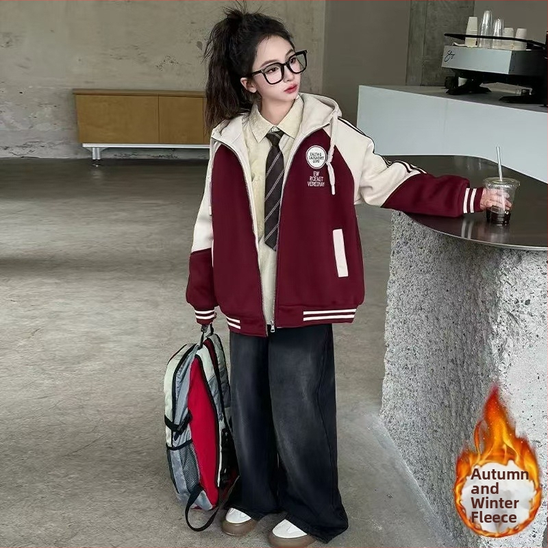 Geacă bomber cu glugă pentru fetițe, căptușită groasă, guler înalt, mâneci lungi, model cu litere