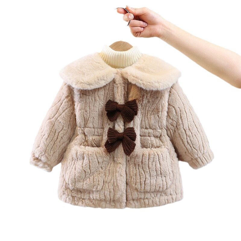 Geacă de iarnă pentru copii cu fleece, fără glugă, guler rotund, mâneci lungi, lungime medie