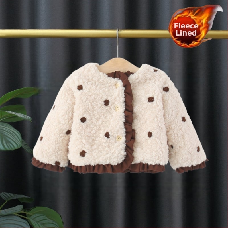 Geacă de iarnă din fleece pentru fetițe, stil coreean, cu glugă, mâneci lungi, închidere cu nasturi, căptușeală 100% poliester, pentru 1–3 ani