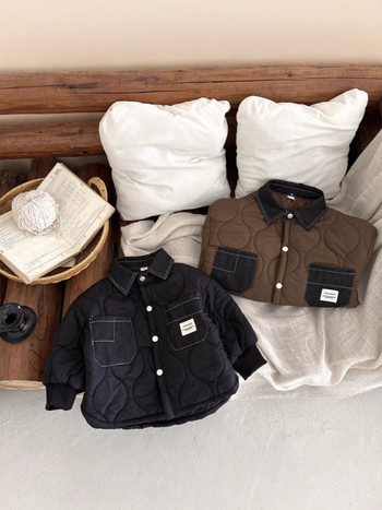 Palton de copii din bumbac cu căptușeală fleece, stil coreean, guler rotund, mâneci lungi, lungime medie