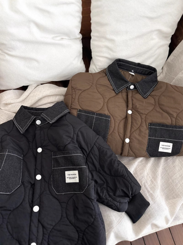 Palton de copii din bumbac cu căptușeală fleece, stil coreean, guler rotund, mâneci lungi, lungime medie