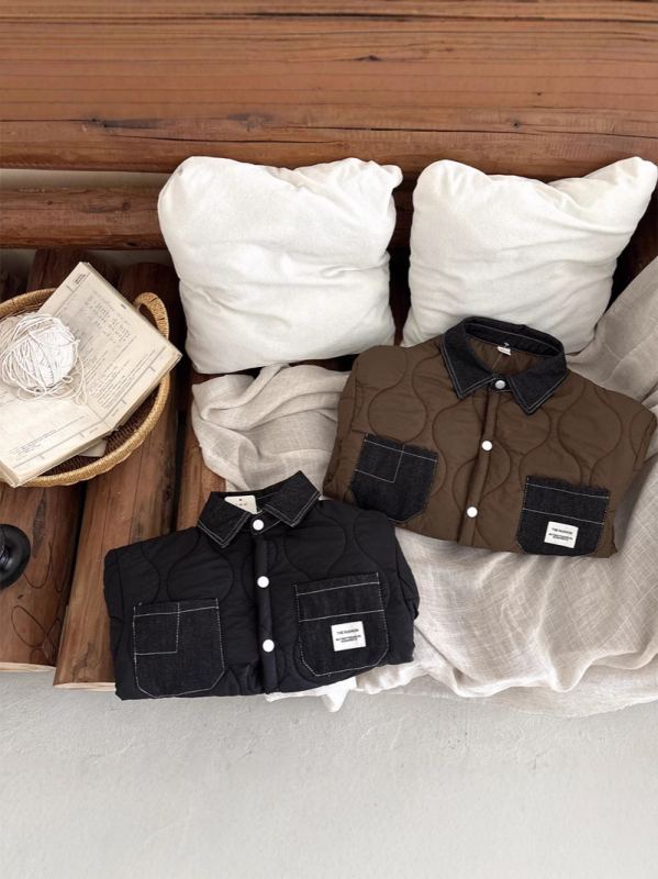 Palton de copii din bumbac cu căptușeală fleece, stil coreean, guler rotund, mâneci lungi, lungime medie