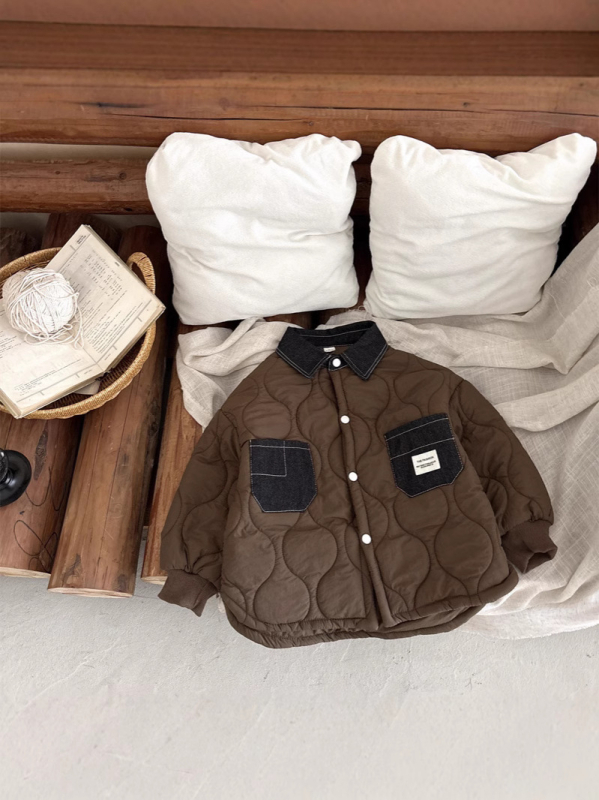 Palton de copii din bumbac cu căptușeală fleece, stil coreean, guler rotund, mâneci lungi, lungime medie