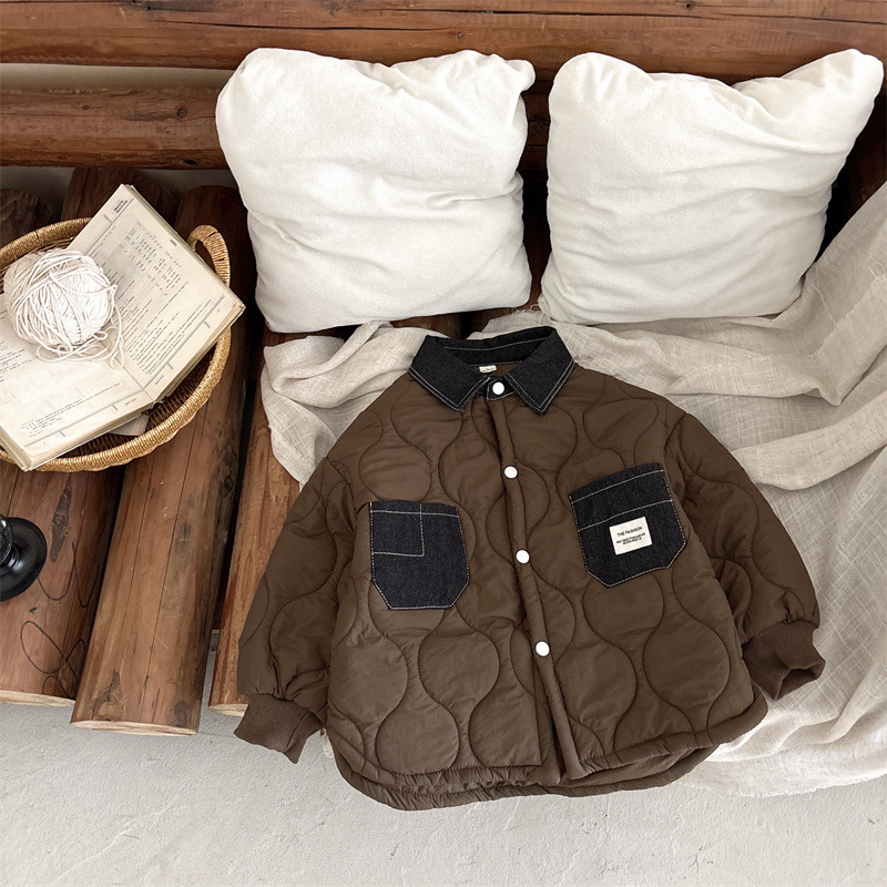 Palton de copii din bumbac cu căptușeală fleece, stil coreean, guler rotund, mâneci lungi, lungime medie