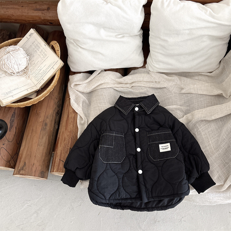 Palton de copii din bumbac cu căptușeală fleece, stil coreean, guler rotund, mâneci lungi, lungime medie