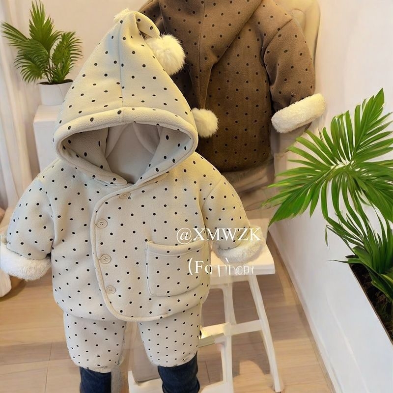 Set de iarnă pentru copii: palton și pantaloni cu trei straturi quilted din bumbac Cloud 81–90%, pentru nou-născuți 0–12 luni, imprimeu cu buline