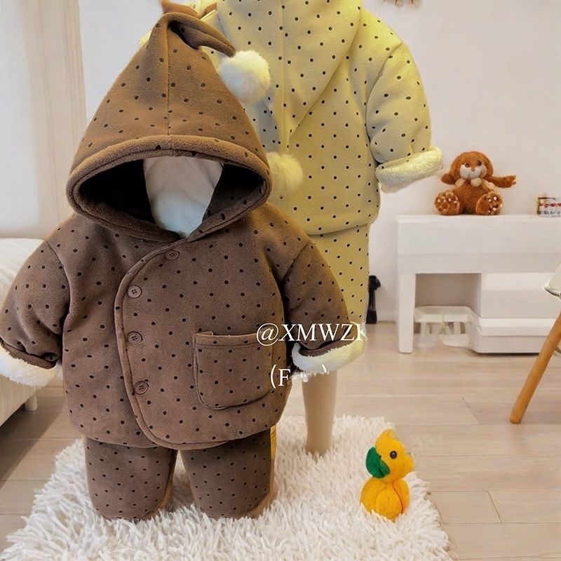 Set de iarnă pentru copii: palton și pantaloni cu trei straturi quilted din bumbac Cloud 81–90%, pentru nou-născuți 0–12 luni, imprimeu cu buline