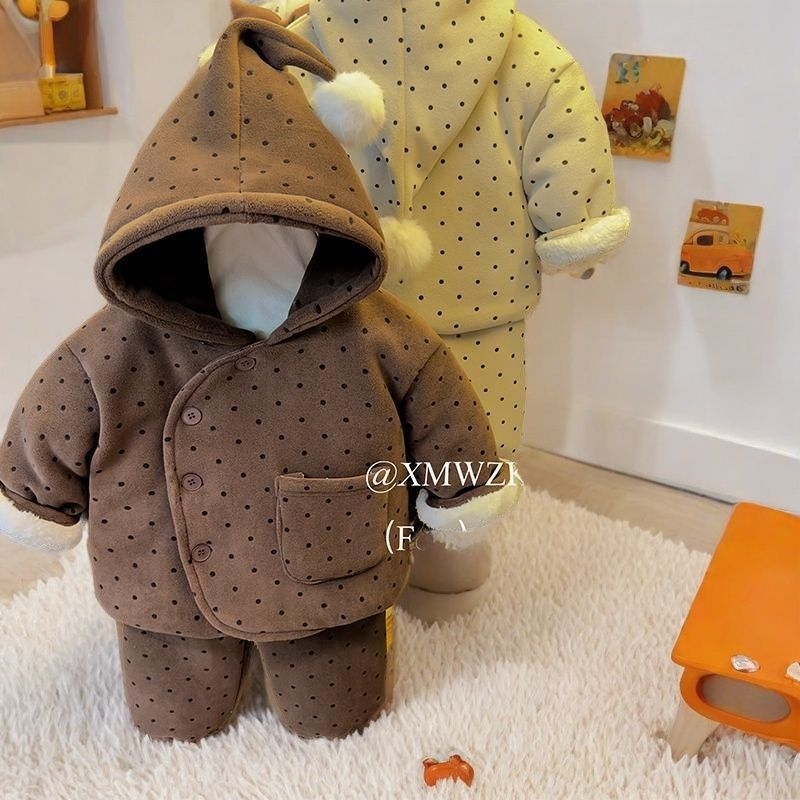 Set de iarnă pentru copii: palton și pantaloni cu trei straturi quilted din bumbac Cloud 81–90%, pentru nou-născuți 0–12 luni, imprimeu cu buline