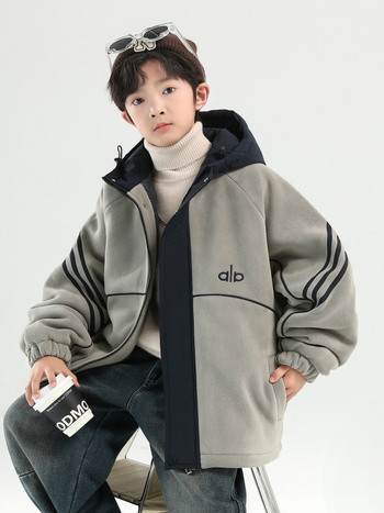 Geacă de iarnă pentru băieți cu glugă, fleece gros, 100% poliester, stil coreean, fermoar
