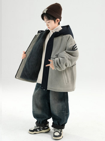 Geacă de iarnă pentru băieți cu glugă, fleece gros, 100% poliester, stil coreean, fermoar