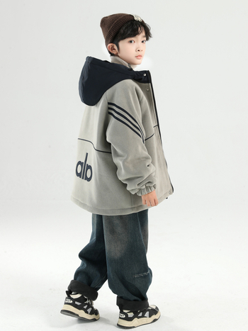 Geacă de iarnă pentru băieți cu glugă, fleece gros, 100% poliester, stil coreean, fermoar