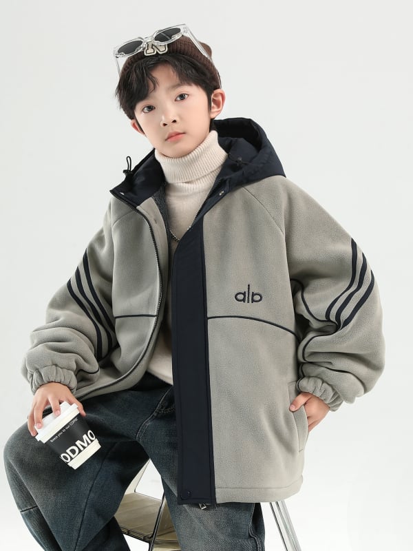 Geacă de iarnă pentru băieți cu glugă, fleece gros, 100% poliester, stil coreean, fermoar