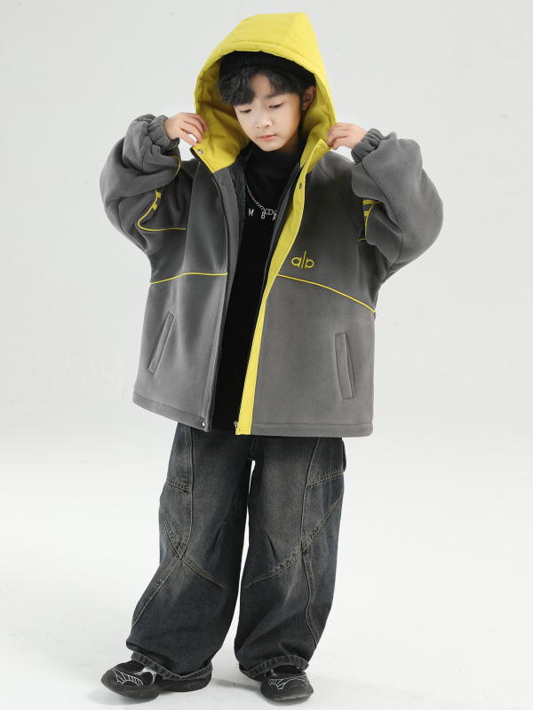 Geacă de iarnă pentru băieți cu glugă, fleece gros, 100% poliester, stil coreean, fermoar