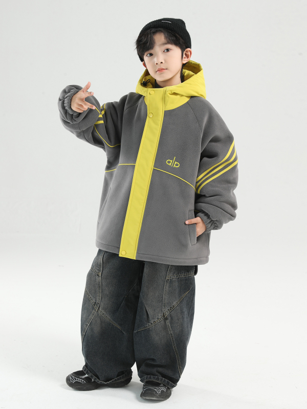 Geacă de iarnă pentru băieți cu glugă, fleece gros, 100% poliester, stil coreean, fermoar