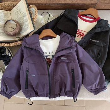 Jachetă pentru copii băieți, toamnă, impermeabilă cu glugă și fermoar, stil casual, 100% poliester