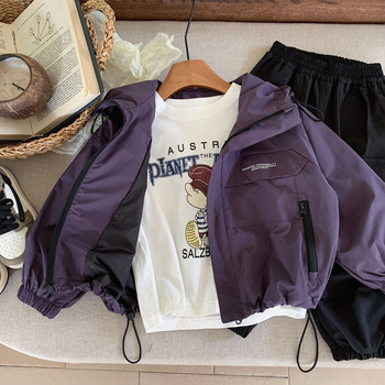 Jachetă pentru copii băieți, toamnă, impermeabilă cu glugă și fermoar, stil casual, 100% poliester