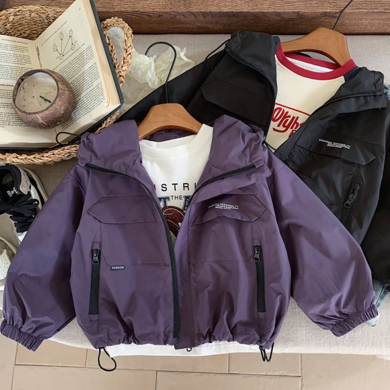 Jachetă pentru copii băieți, toamnă, impermeabilă cu glugă și fermoar, stil casual, 100% poliester