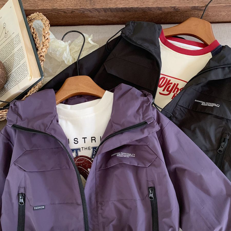 Jachetă pentru copii băieți, toamnă, impermeabilă cu glugă și fermoar, stil casual, 100% poliester