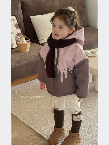 Palton pentru copii în stil coreean, poliester cu căptușeală din lână, glugă fixă și fermoar, pentru fete 3–8 ani, iarnă