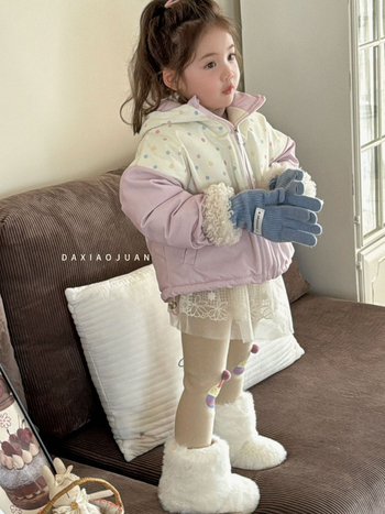 Palton pentru copii în stil coreean, poliester cu căptușeală din lână, glugă fixă și fermoar, pentru fete 3–8 ani, iarnă