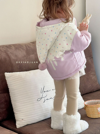 Palton pentru copii în stil coreean, poliester cu căptușeală din lână, glugă fixă și fermoar, pentru fete 3–8 ani, iarnă