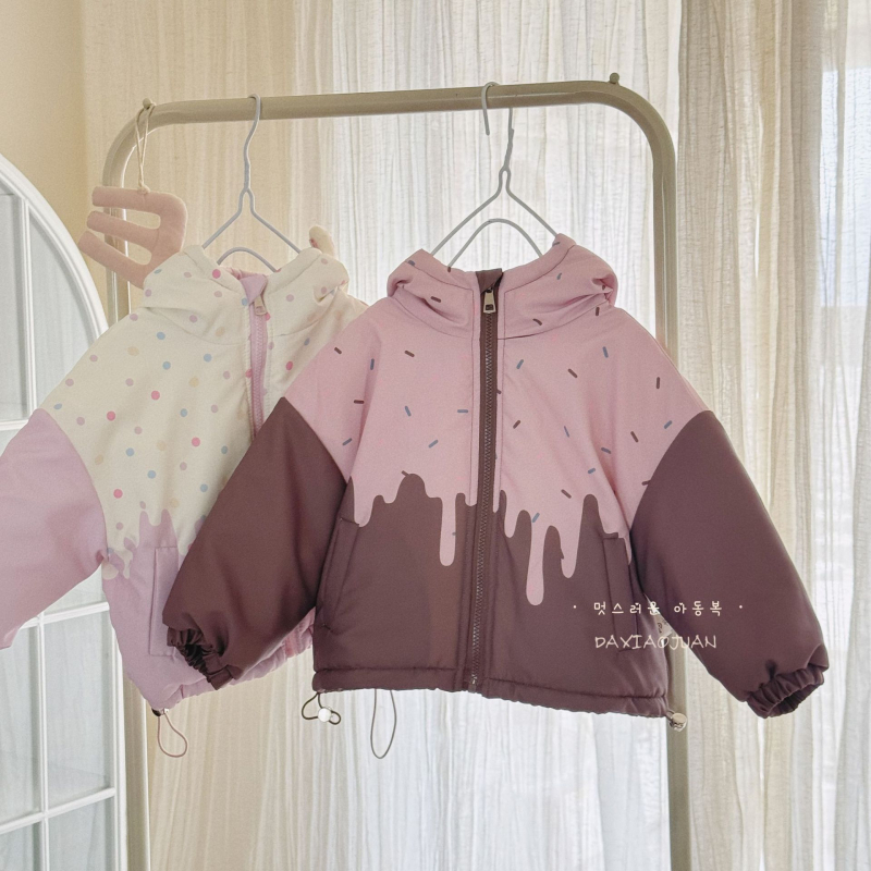 Palton pentru copii în stil coreean, poliester cu căptușeală din lână, glugă fixă și fermoar, pentru fete 3–8 ani, iarnă