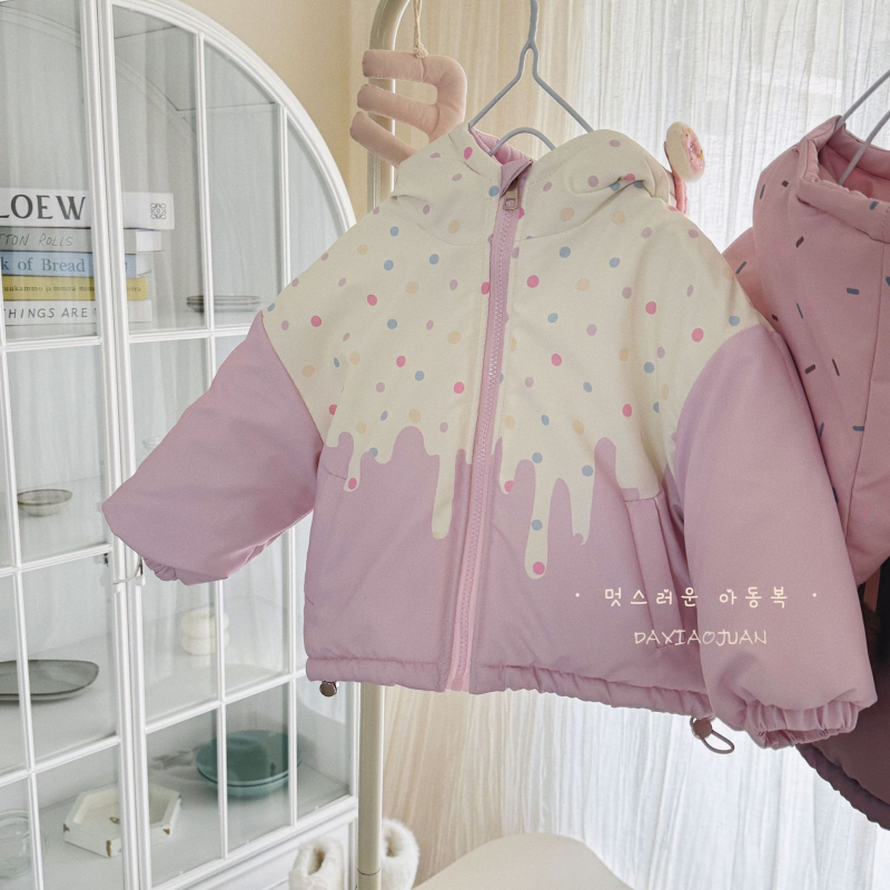 Palton pentru copii în stil coreean, poliester cu căptușeală din lână, glugă fixă și fermoar, pentru fete 3–8 ani, iarnă