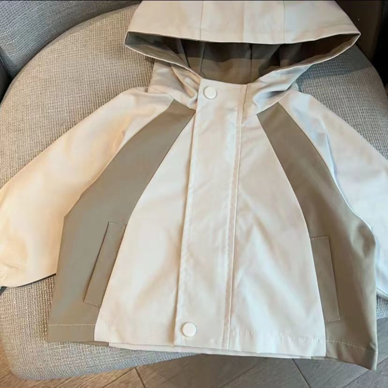 Jachetă pentru copii în stil coreean, cu glugă și fermoar, ediție toamnă 2025, țesătură moale din poliester amestec, căptușeală poliester, siluetă scurtă, fără curea