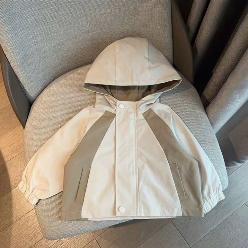 Jachetă pentru copii în stil coreean, cu glugă și fermoar, ediție toamnă 2025, țesătură moale din poliester amestec, căptușeală poliester, siluetă scurtă, fără curea