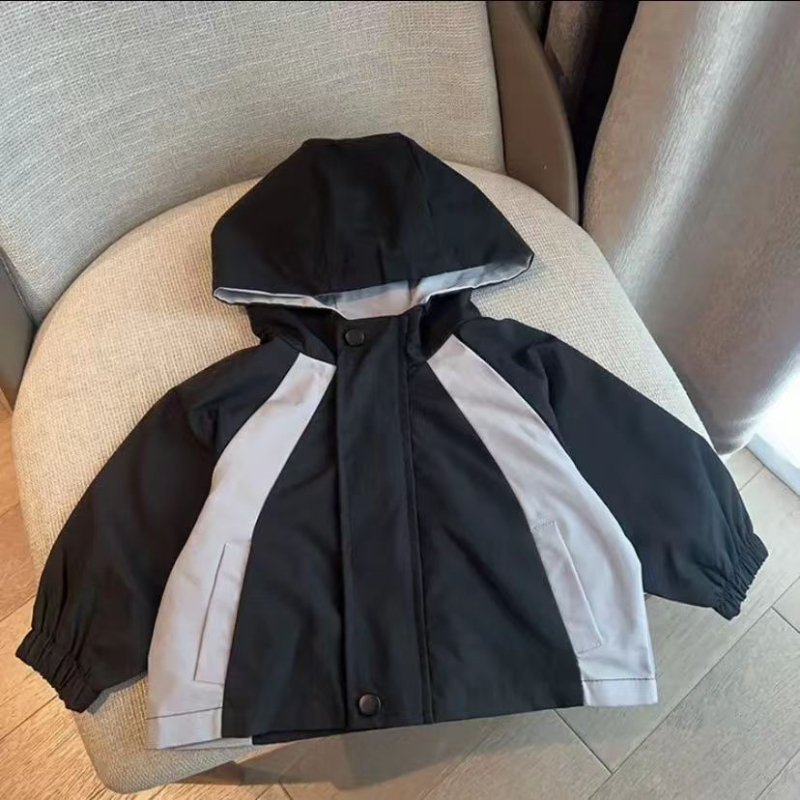 Jachetă pentru copii în stil coreean, cu glugă și fermoar, ediție toamnă 2025, țesătură moale din poliester amestec, căptușeală poliester, siluetă scurtă, fără curea