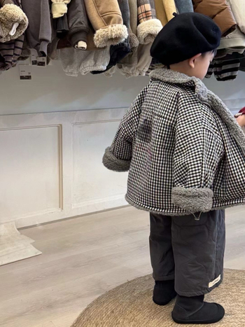 Jachetă de iarnă pentru copii, stil coreean, model carouri, căldură groasă, reversibilă cu căptușeală din blană artificială de miel, fermoar