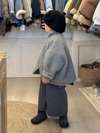 Jachetă de iarnă pentru copii, stil coreean, model carouri, căldură groasă, reversibilă cu căptușeală din blană artificială de miel, fermoar