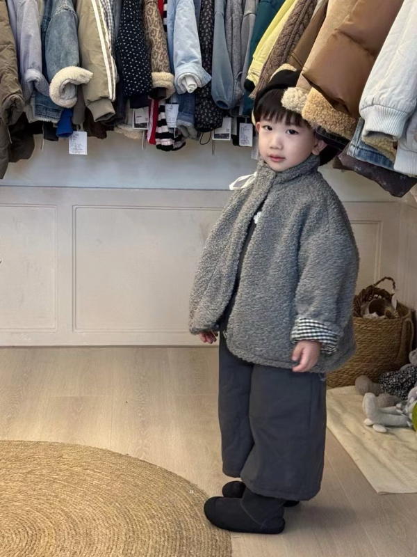 Jachetă de iarnă pentru copii, stil coreean, model carouri, căldură groasă, reversibilă cu căptușeală din blană artificială de miel, fermoar