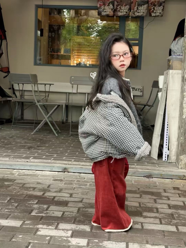 Jachetă de iarnă pentru copii, stil coreean, model carouri, căldură groasă, reversibilă cu căptușeală din blană artificială de miel, fermoar