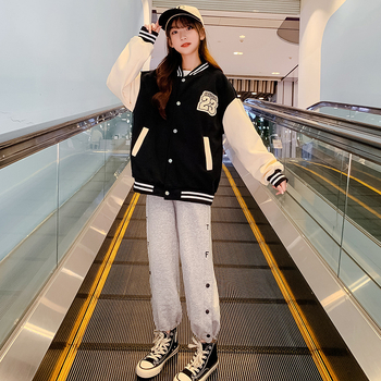 Jachetă de toamnă pentru fete, stil coreean, material tricotat, guler rotund, mâneci lungi