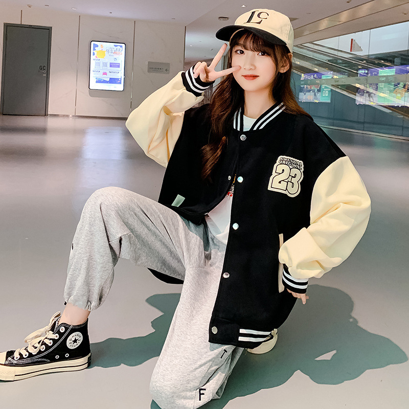 Jachetă de toamnă pentru fete, stil coreean, material tricotat, guler rotund, mâneci lungi